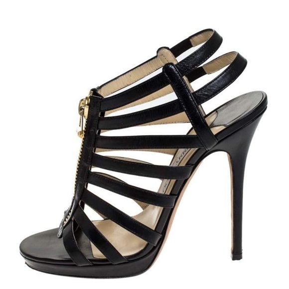 Jimmy Choo Shoes - JIMMY CHOO Heels Black GLENYS Gladiator Multistrap Caged Sandals Size 37.5